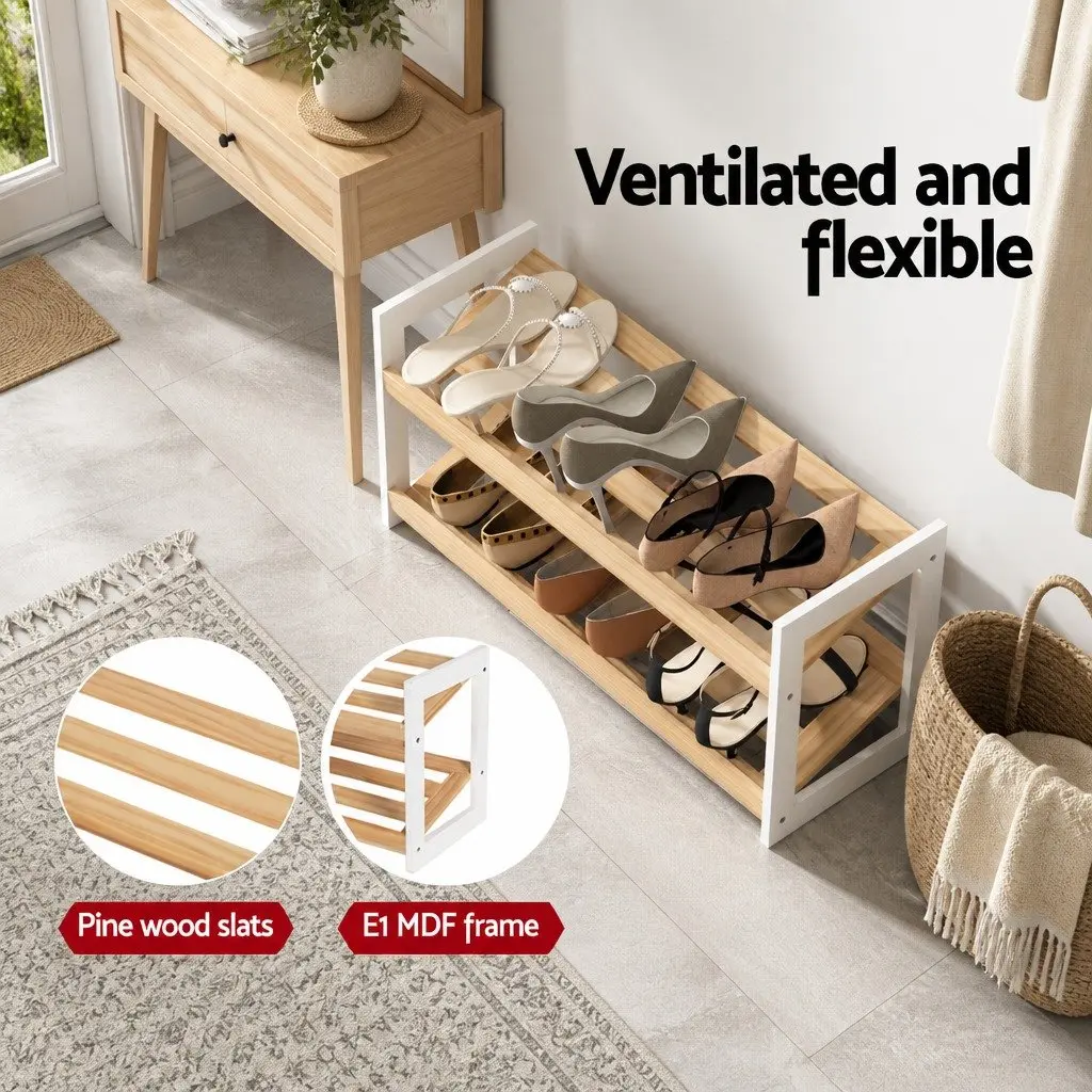 Shoe Rack 2 Tier 6 Pairs Storage Organizer Pine White Entryway Hallway Bedroom