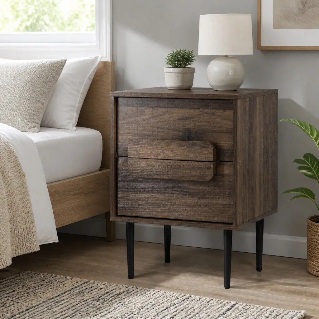 Bedside Table Nightstand 2 Drawers Walnut Bedroom Storage Organiser
