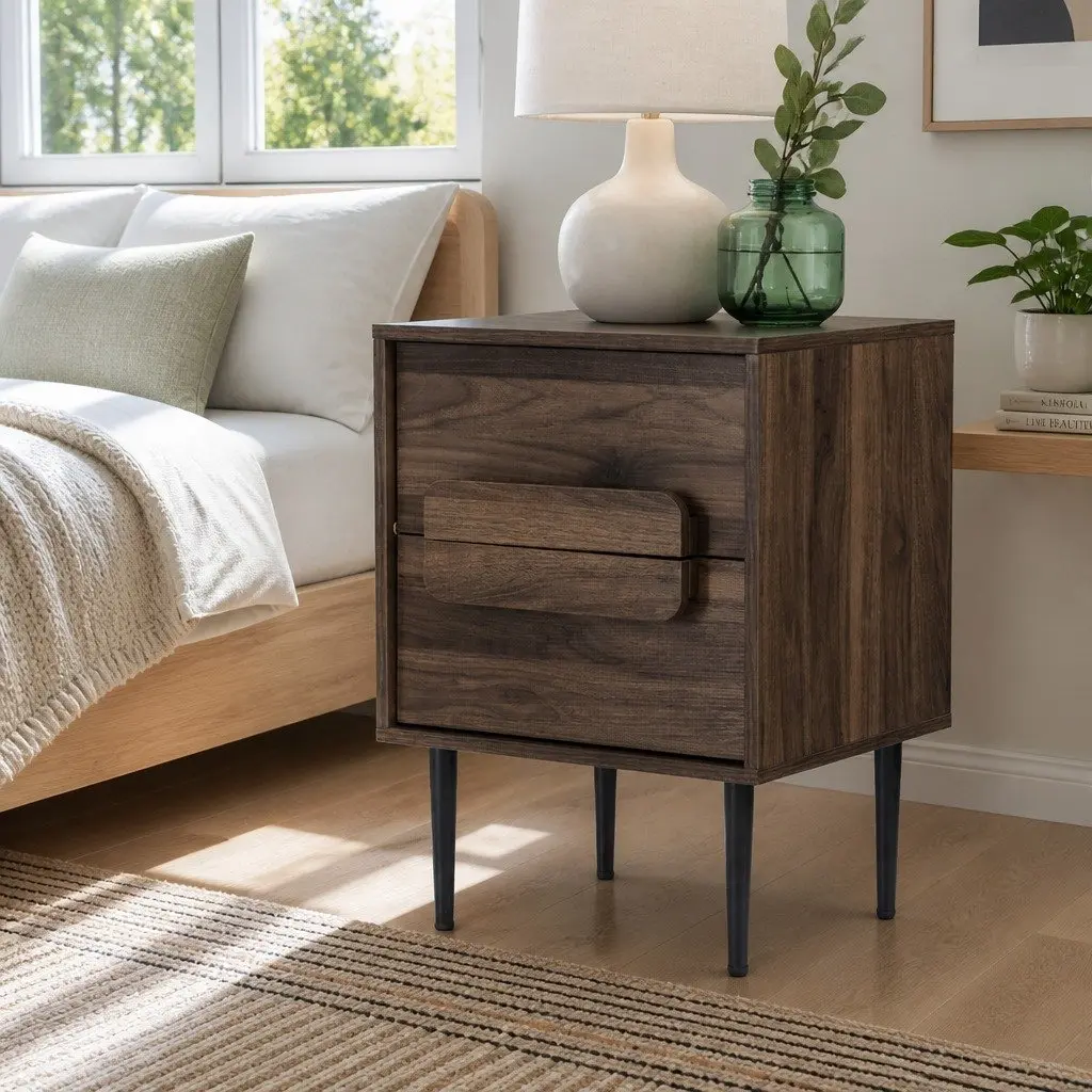 Bedside Table Nightstand 2 Drawers Walnut Bedroom Storage Organiser
