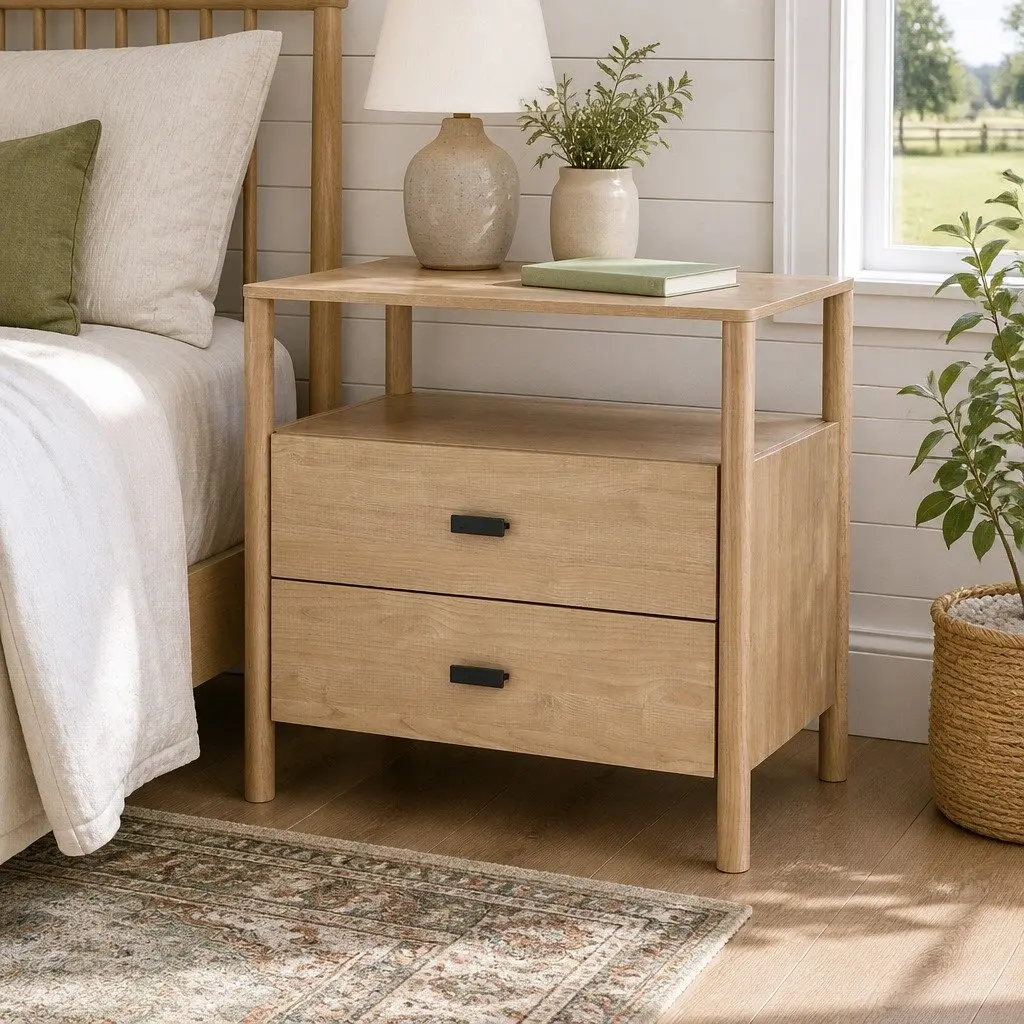 Bedside Table Pine Wood 2 Drawers Storage Nightstand
