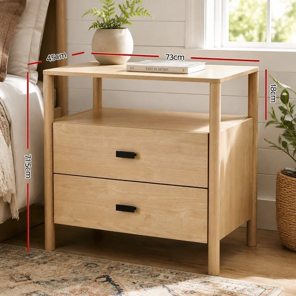 Bedside Table Pine Wood 2 Drawers Storage Nightstand