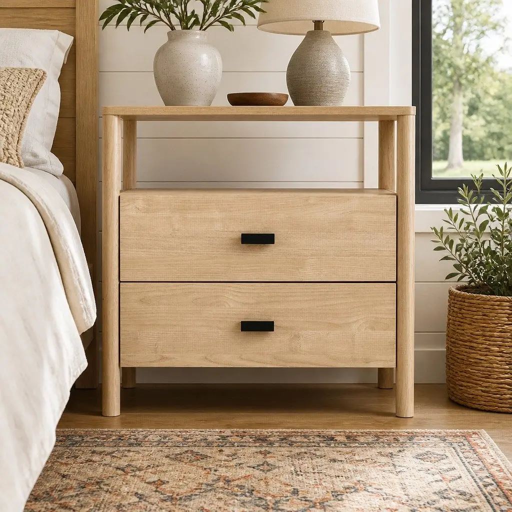 Bedside Table Pine Wood 2 Drawers Storage Nightstand