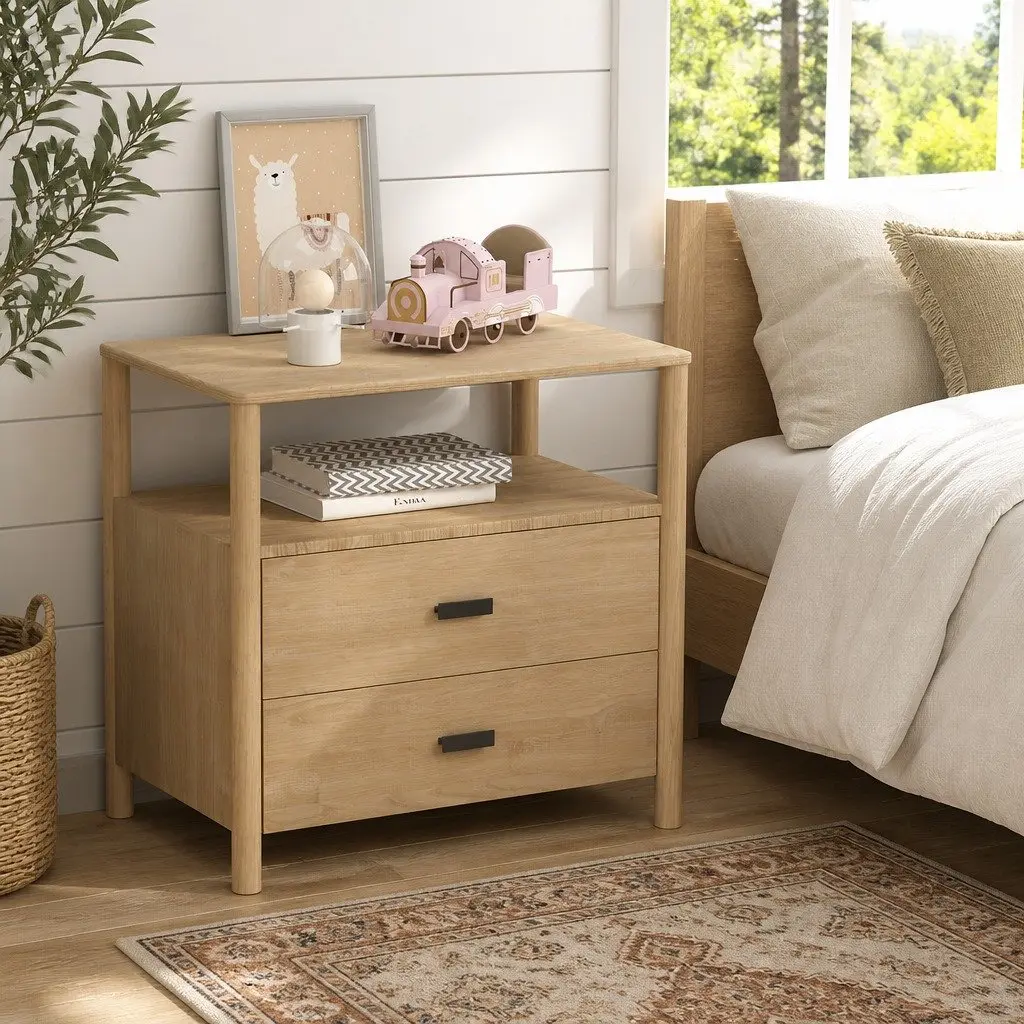 Bedside Table Pine Wood 2 Drawers Storage Nightstand