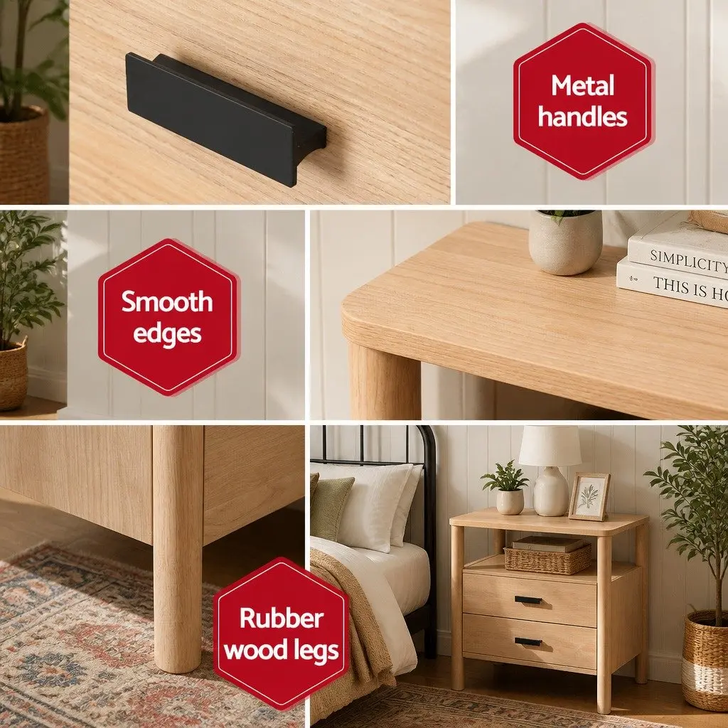 Bedside Table Pine Wood 2 Drawers Storage Nightstand