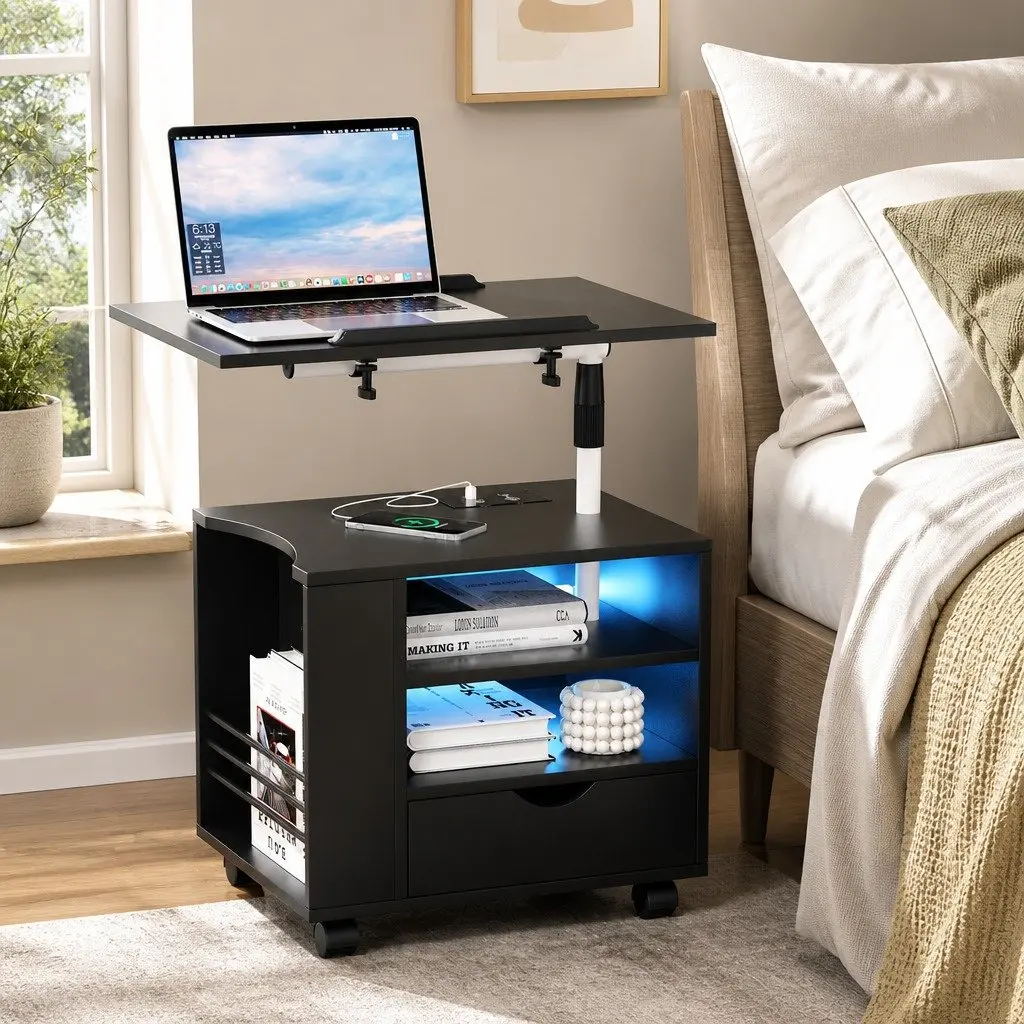 Black Bedside Table Adjustable Laptop Tray with USB Type-C Charging and LED Lights 50cm W x 40cm D x 46-90cm H