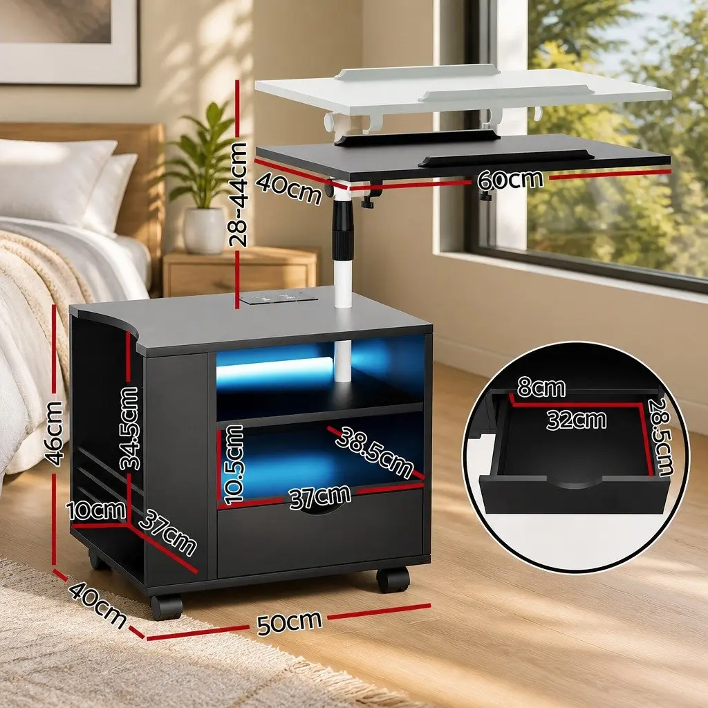 Black Bedside Table Adjustable Laptop Tray with USB Type-C Charging and LED Lights 50cm W x 40cm D x 46-90cm H
