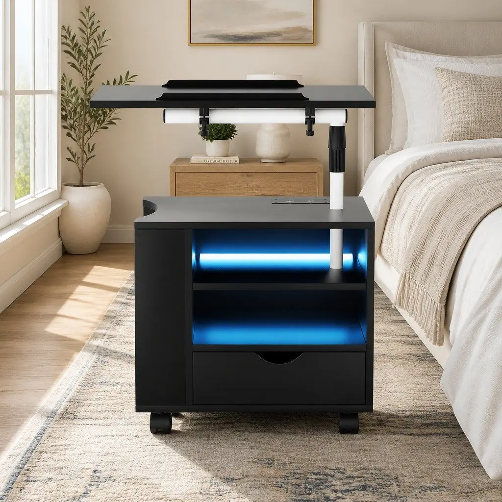 Black Bedside Table Adjustable Laptop Tray with USB Type-C Charging and LED Lights 50cm W x 40cm D x 46-90cm H