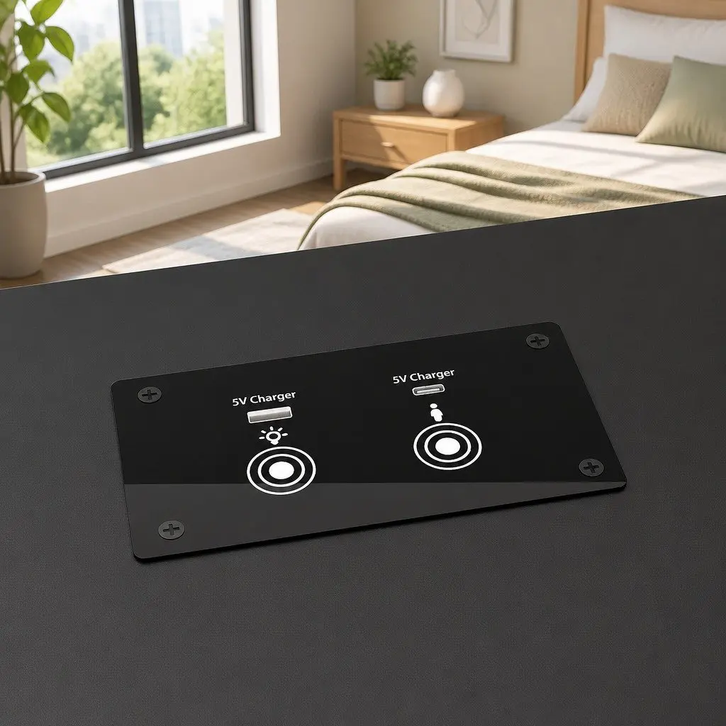 Black Bedside Table Adjustable Laptop Tray with USB Type-C Charging and LED Lights 50cm W x 40cm D x 46-90cm H