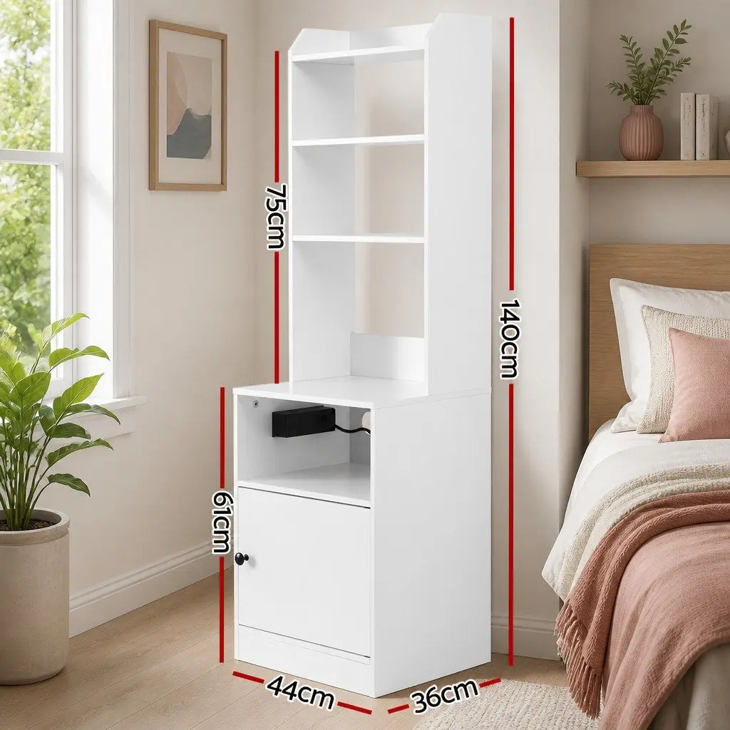 Bedside Table Nightstand with Charging Station White 45cm x 36cm x 140cm Bedroom Storage Furniture