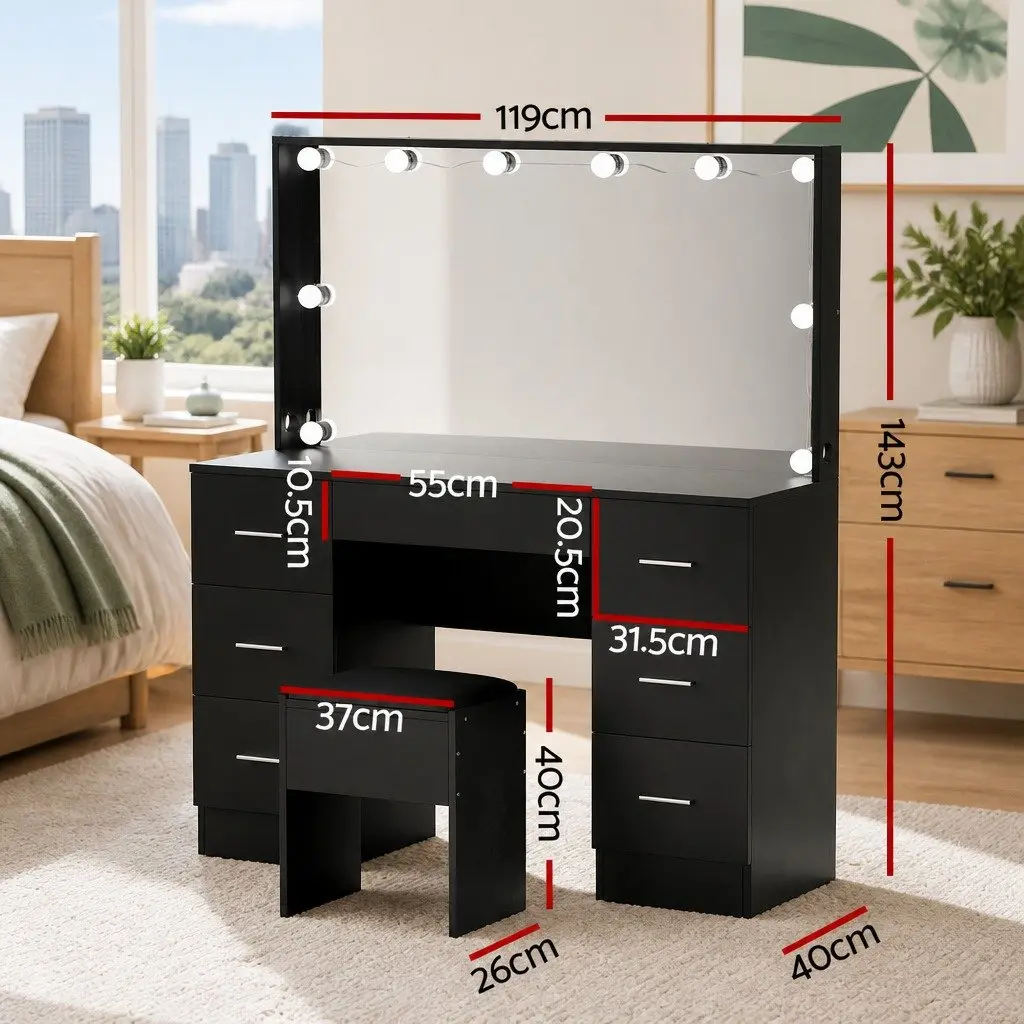 Vanity Desk Set with LED Makeup Mirror and Stool 10 Bulbs 7 Drawer Storage Black
