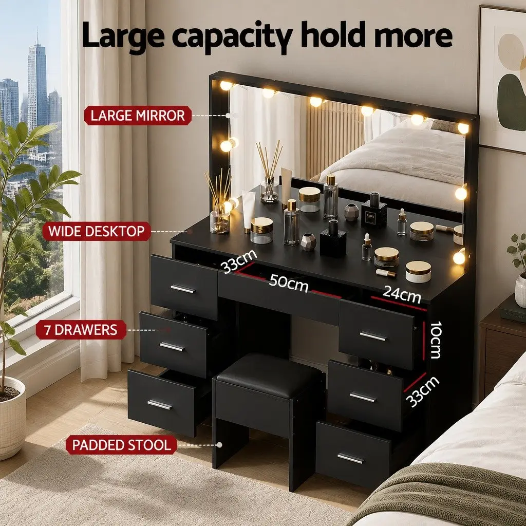 Vanity Desk Set with LED Makeup Mirror and Stool 10 Bulbs 7 Drawer Storage Black