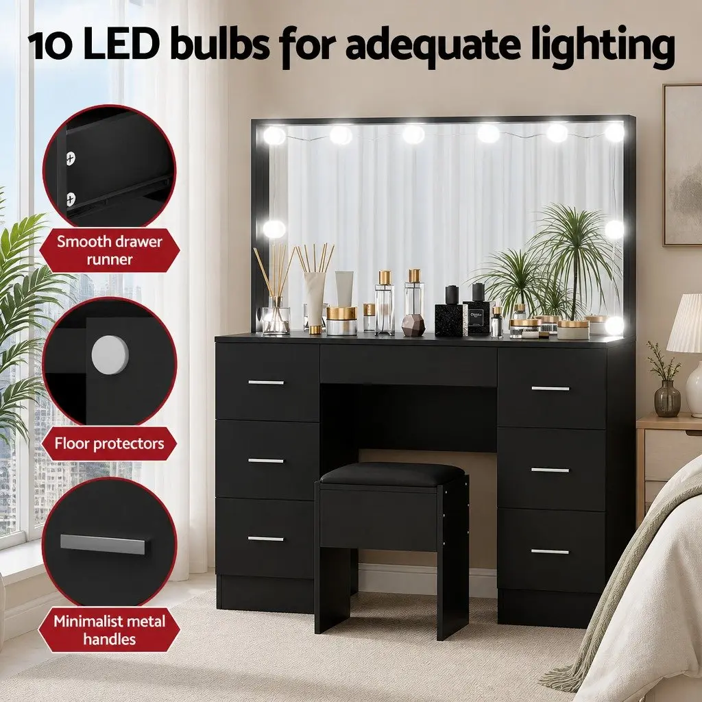 Vanity Desk Set with LED Makeup Mirror and Stool 10 Bulbs 7 Drawer Storage Black