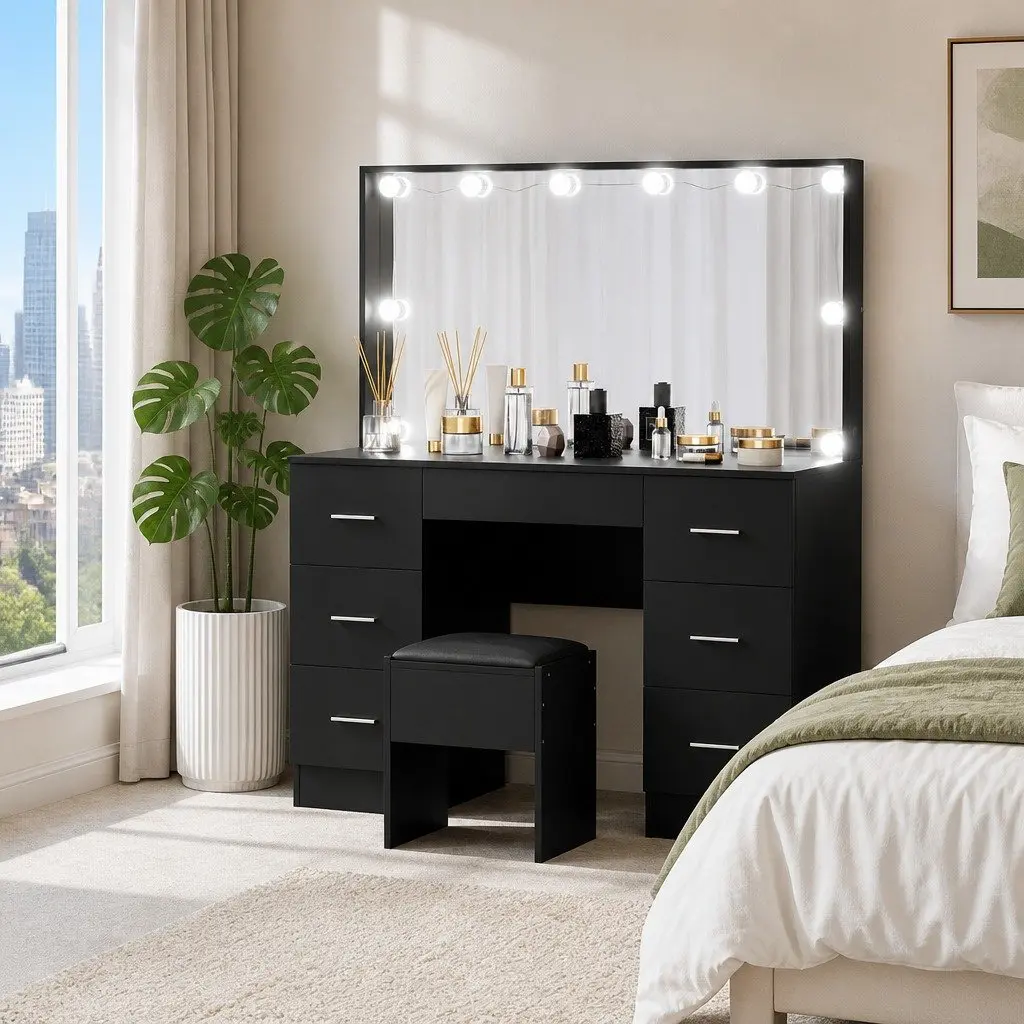 Vanity Desk Set with LED Makeup Mirror and Stool 10 Bulbs 7 Drawer Storage Black