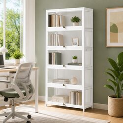 5-Tier Display Cabinet Storage Bookshelf White Acrylic Panel Bamboo Frame