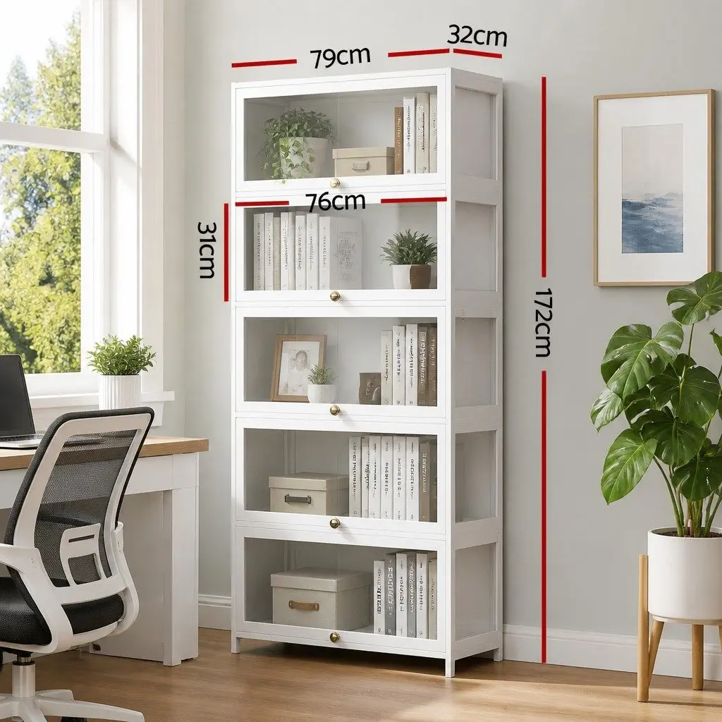 5-Tier Display Cabinet Acrylic Panel Bamboo Frame White