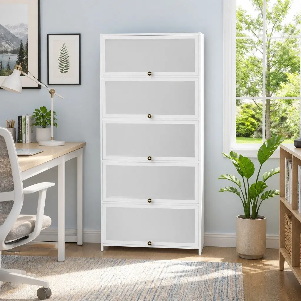 5-Tier Display Cabinet Acrylic Panel Bamboo Frame White