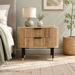 Bedside Table 2 Drawers Storage Wood Pine Bedroom Nightstand Metal Legs