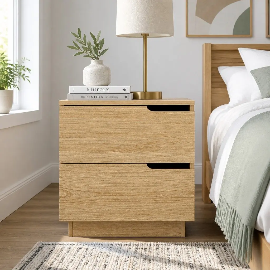 Bedside Table Pine Wood Effect 2 Drawers 48cm W x 40cm D x 48.5cm H