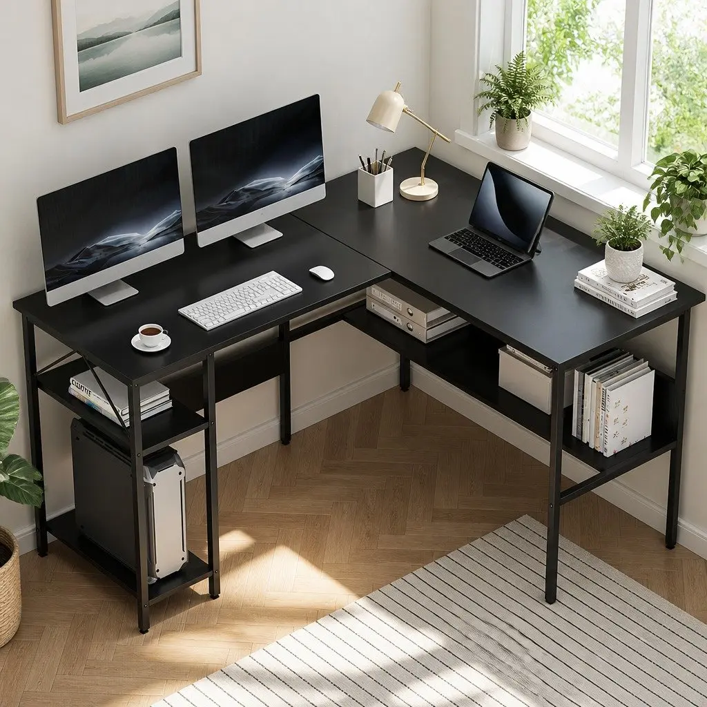 L-Shape Computer Desk Home Office Study Table Open Shelf Storage Black