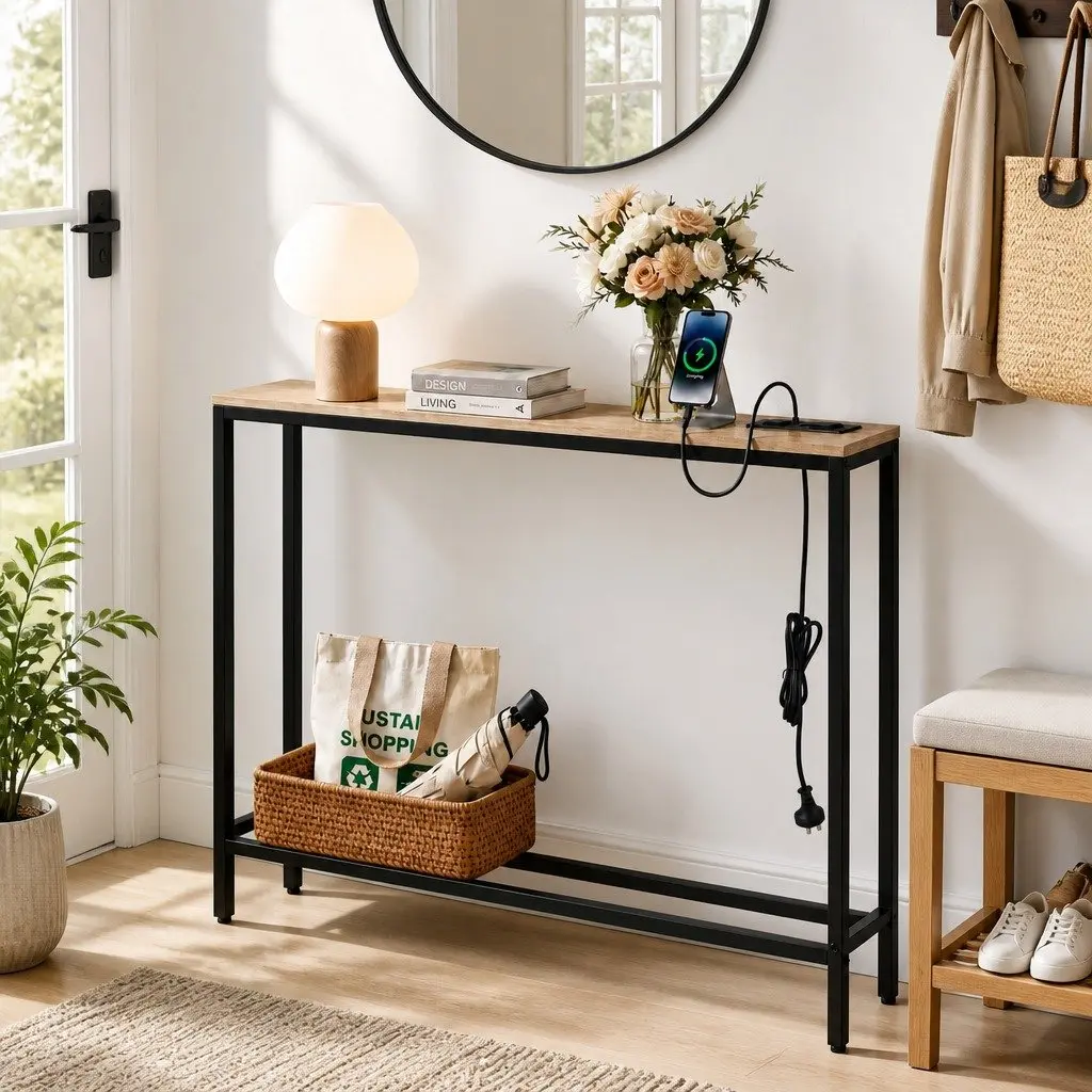 Console Table Charging Station Wood Top 100cm Width 15cm Depth 80cm Height