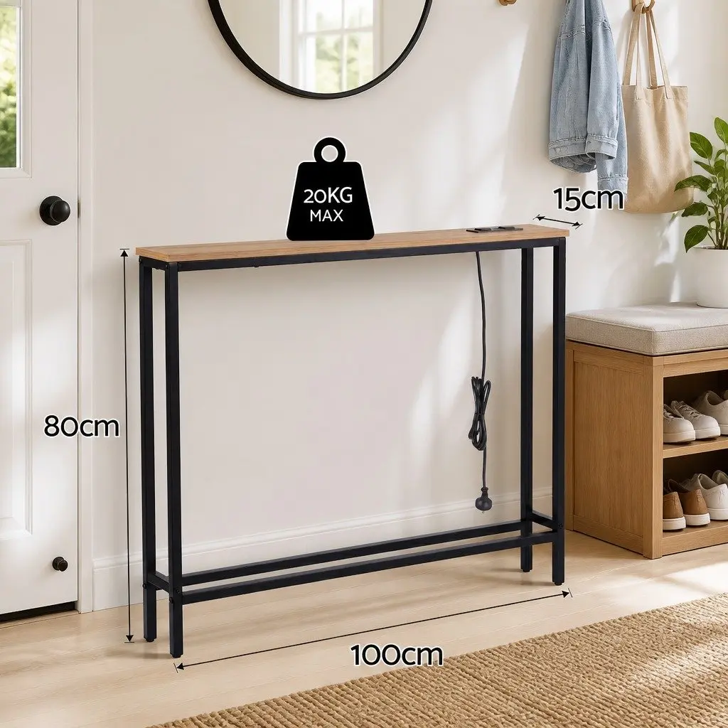 Console Table Charging Station Wood Top 100cm Width 15cm Depth 80cm Height