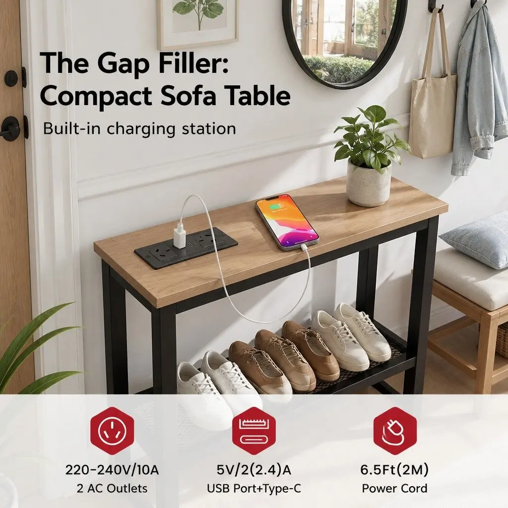 Console Table Charging Station Wood Top 100cm Width 15cm Depth 80cm Height