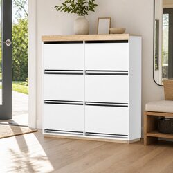 Shoe Rack Cabinet 3-Tier 45 Pairs Flip-Out Drawers White Pine Storage Organizer