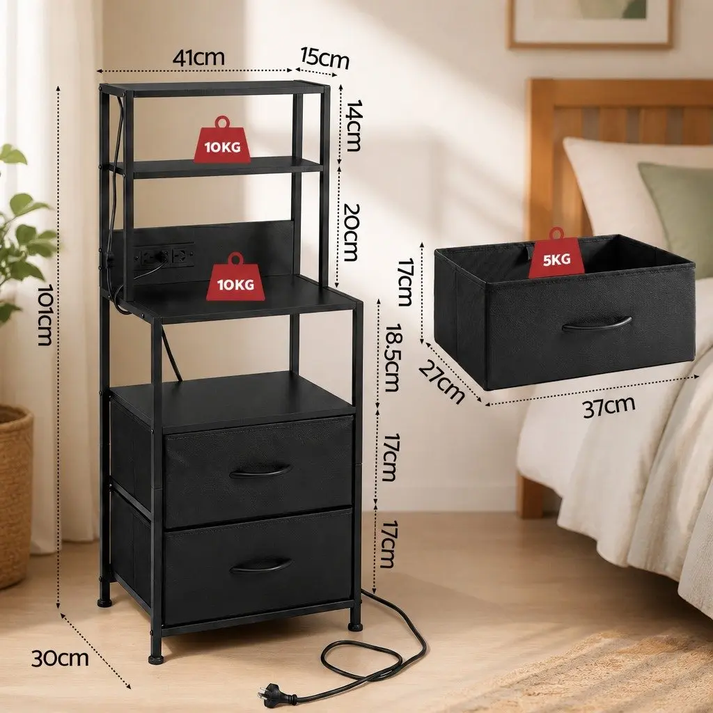Bedside Table Nightstand with Charging Station LED Drawers Storage Black