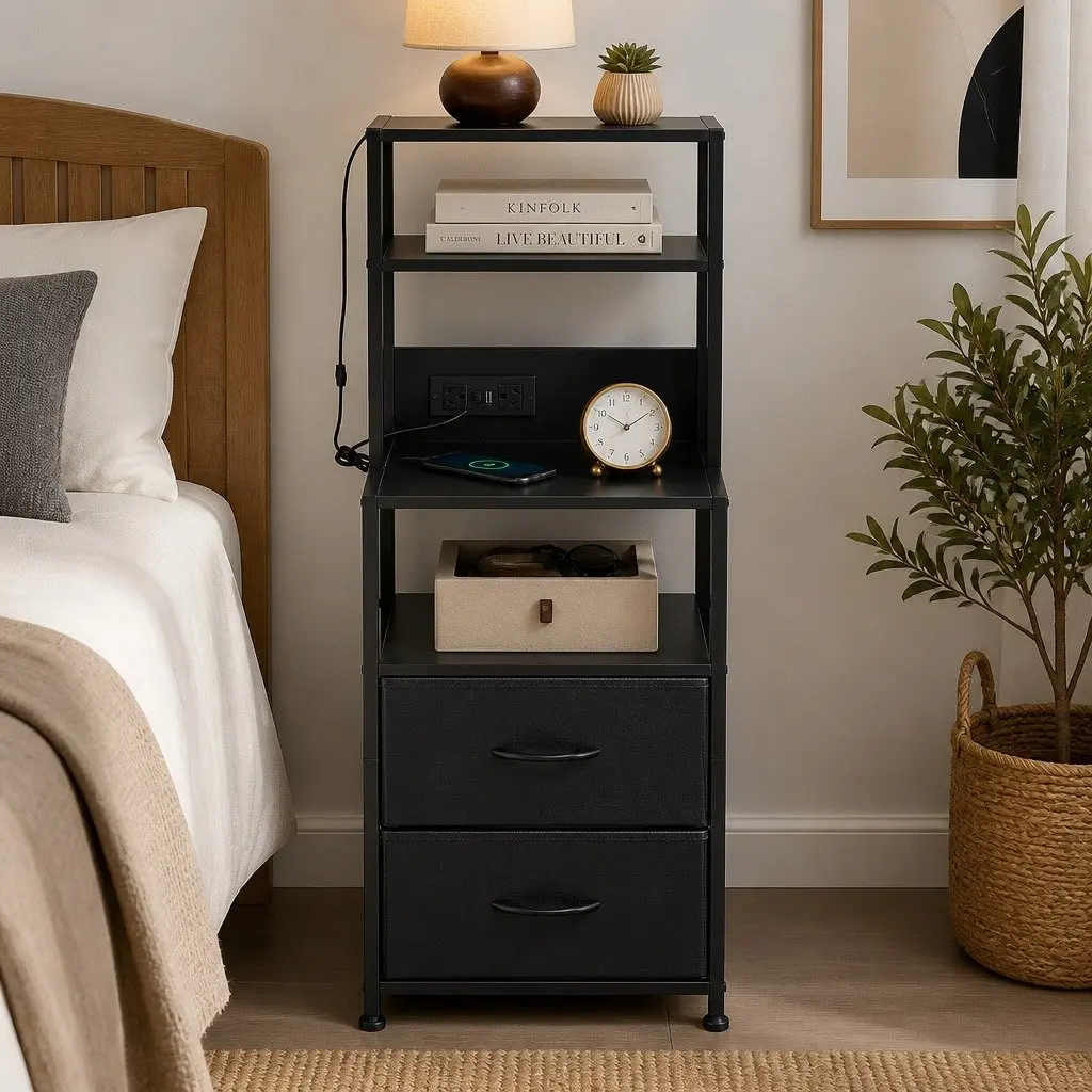 Bedside Table Nightstand with Charging Station LED Drawers Storage Black