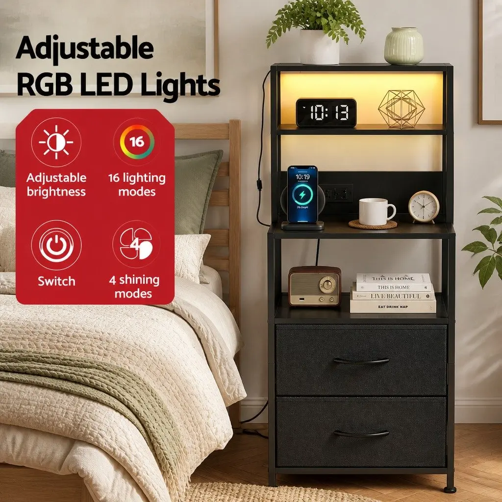 Bedside Table Nightstand with Charging Station LED Drawers Storage Black