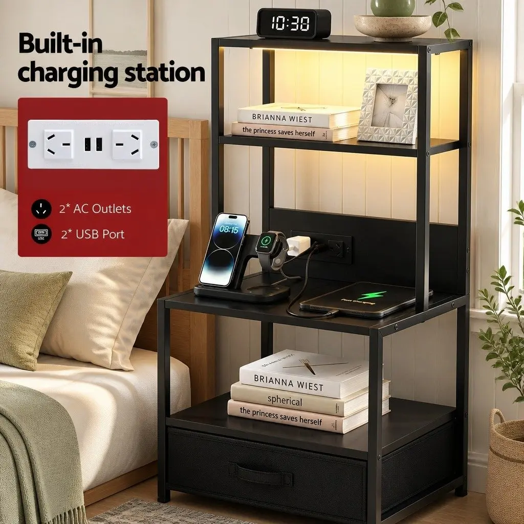 Bedside Table Nightstand with Charging Station LED Drawers Storage Black