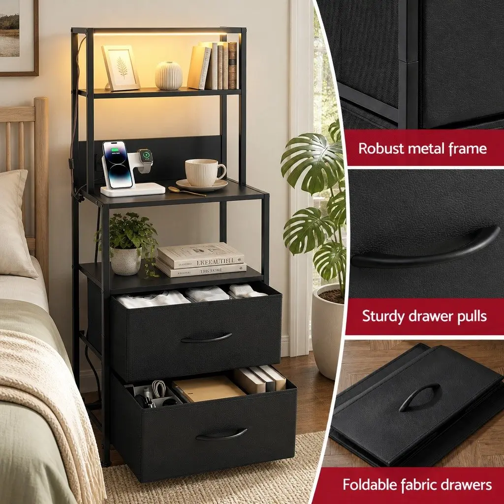 Bedside Table Nightstand with Charging Station LED Drawers Storage Black