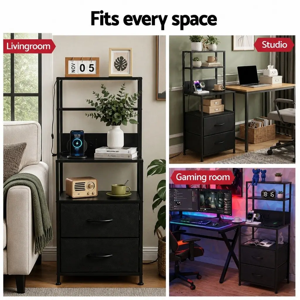 Bedside Table Nightstand with Charging Station LED Drawers Storage Black