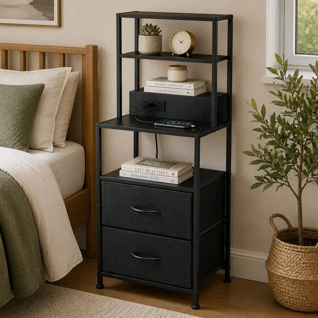 Bedside Table Nightstand with Charging Station LED Drawers Storage Black