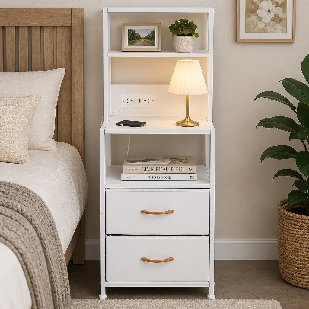 Bedside Table with Charging Station RGB LED Drawers White Storage Cabinet 41cm x 30cm x 101cm