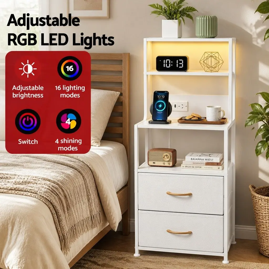 Bedside Table with Charging Station RGB LED Drawers White Storage Cabinet 41cm x 30cm x 101cm