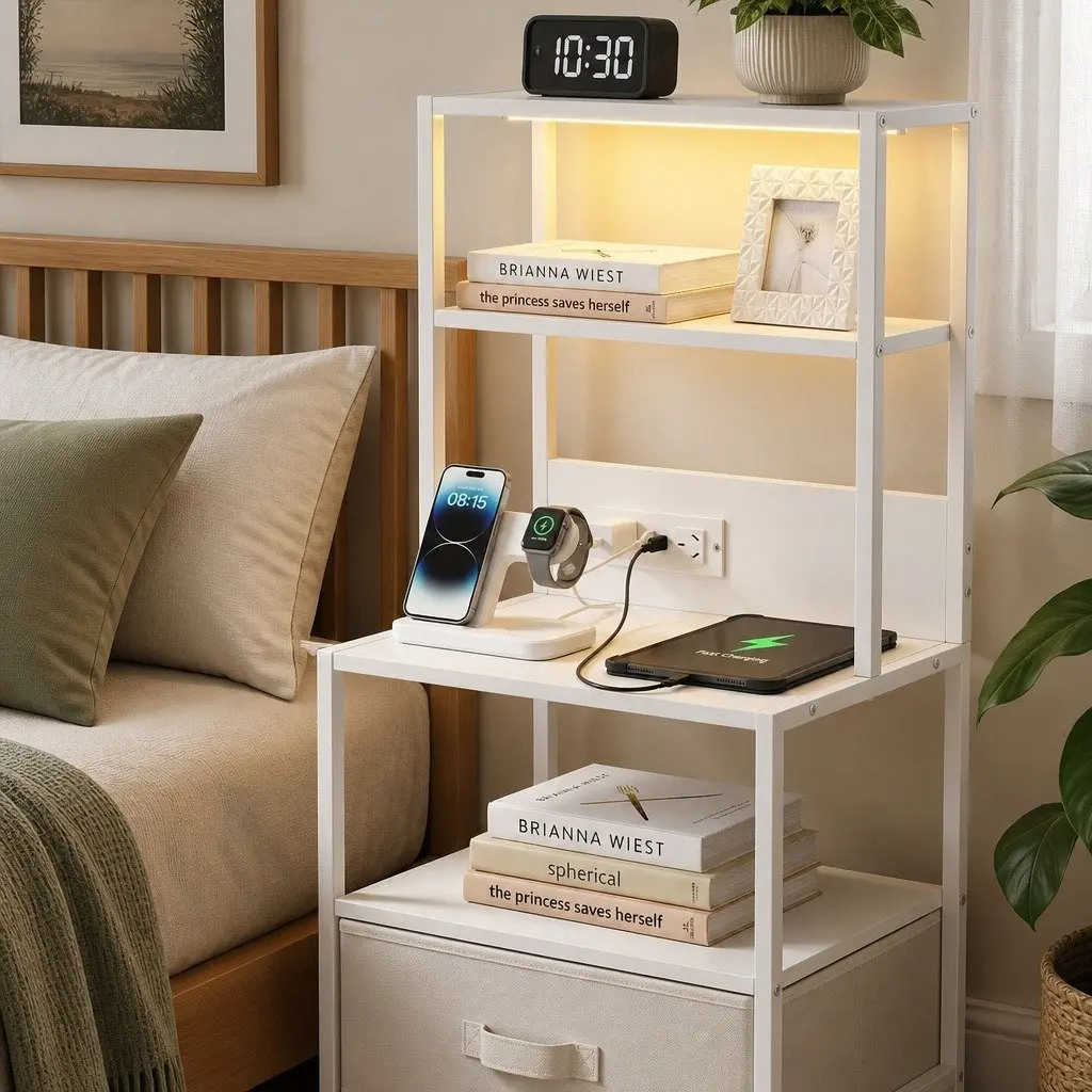 Bedside Table with Charging Station RGB LED Drawers White Storage Cabinet 41cm x 30cm x 101cm