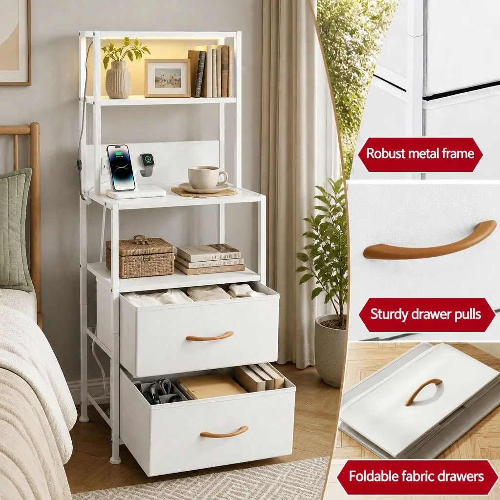 Bedside Table with Charging Station RGB LED Drawers White Storage Cabinet 41cm x 30cm x 101cm