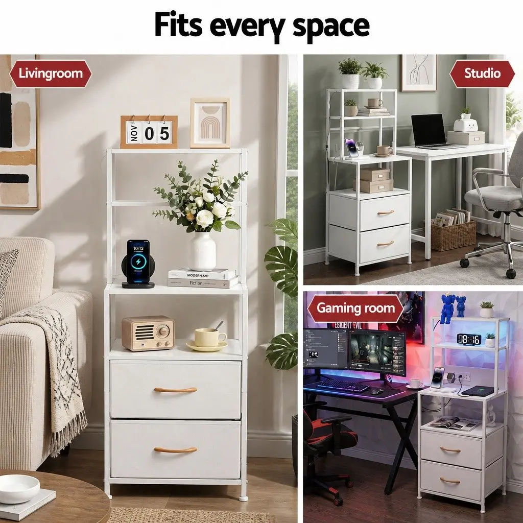 Bedside Table with Charging Station RGB LED Drawers White Storage Cabinet 41cm x 30cm x 101cm