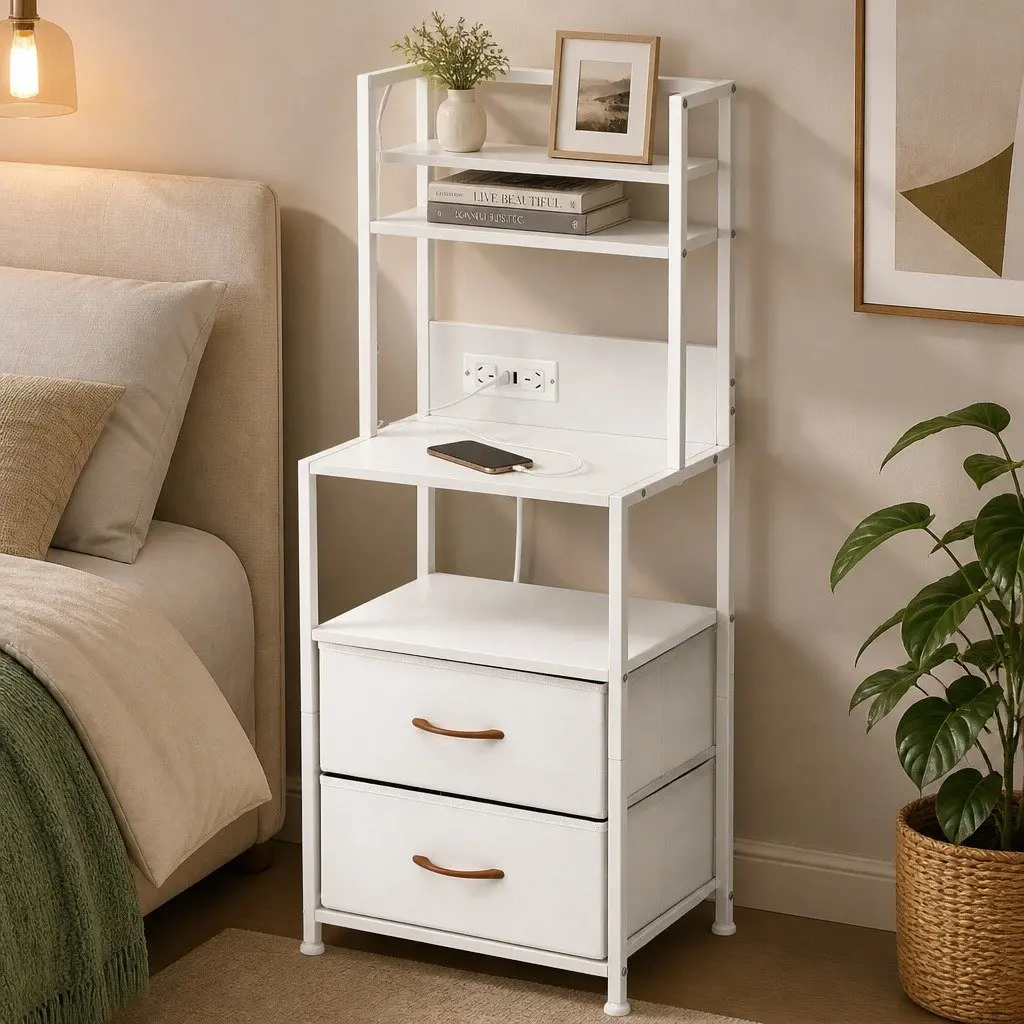 Bedside Table with Charging Station RGB LED Drawers White Storage Cabinet 41cm x 30cm x 101cm