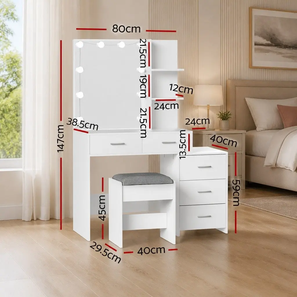 Dressing Table Set LED Makeup Mirror White Vanity 104cm with Stool and Storage Drawers
