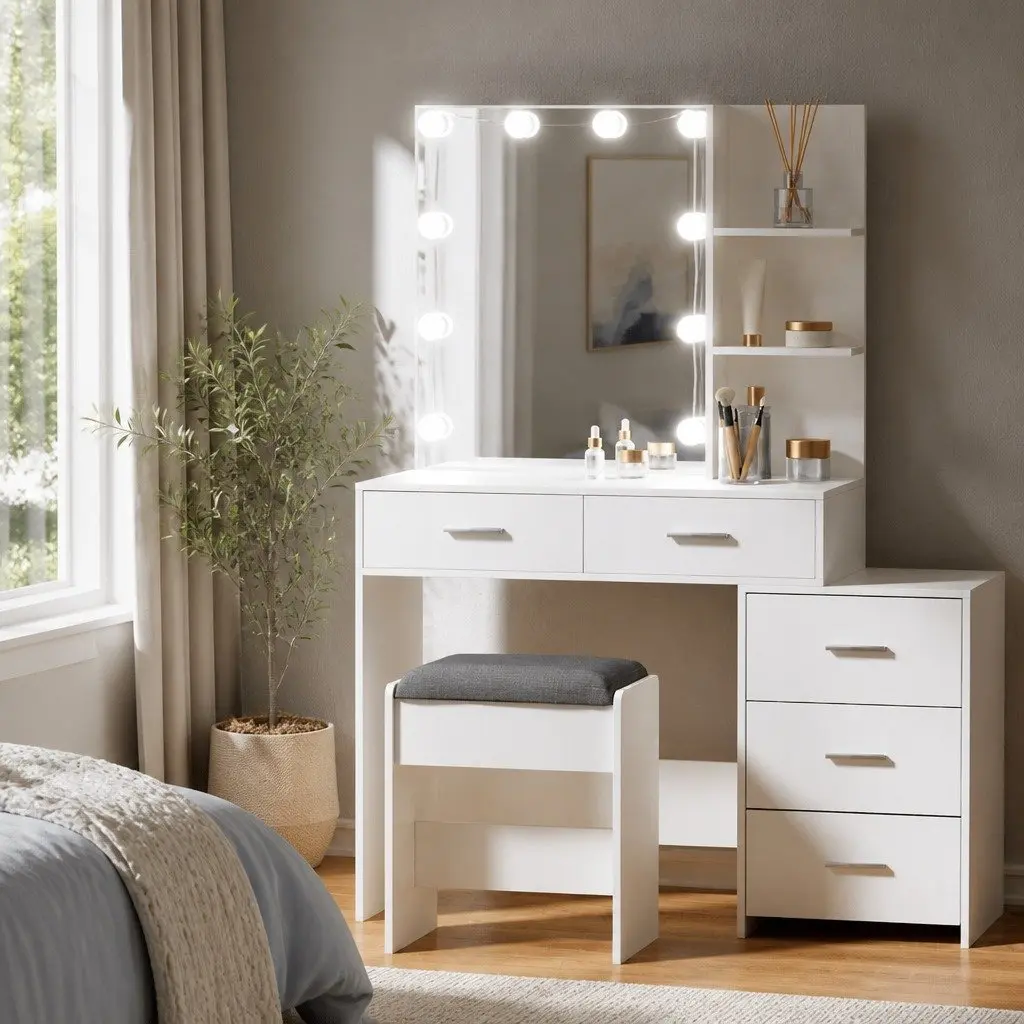 Dressing Table Set LED Makeup Mirror White Vanity 104cm with Stool and Storage Drawers
