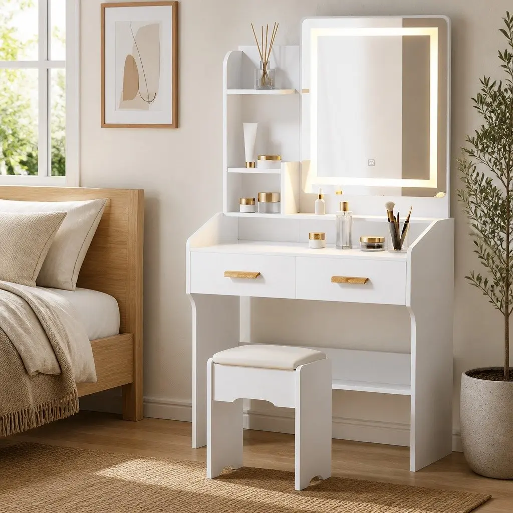 Dressing Table Set with Stool LED Hollywood Mirror White Makeup Vanity Desk