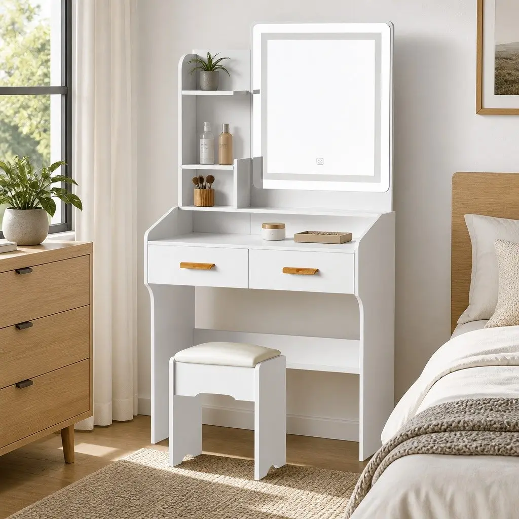 Dressing Table Set with Stool LED Hollywood Mirror White Makeup Vanity Desk