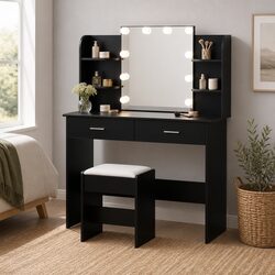 Black Dressing Table Set with LED Hollywood Mirror Stool 10 Bulbs Vanity