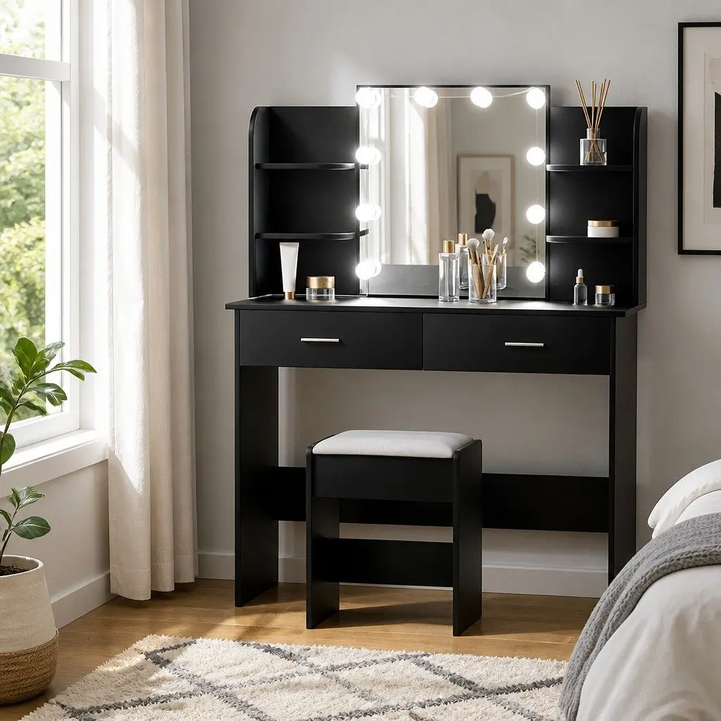 Dressing Table Set Hollywood Mirror with 10 LED Bulbs Black Makeup Vanity with Stool