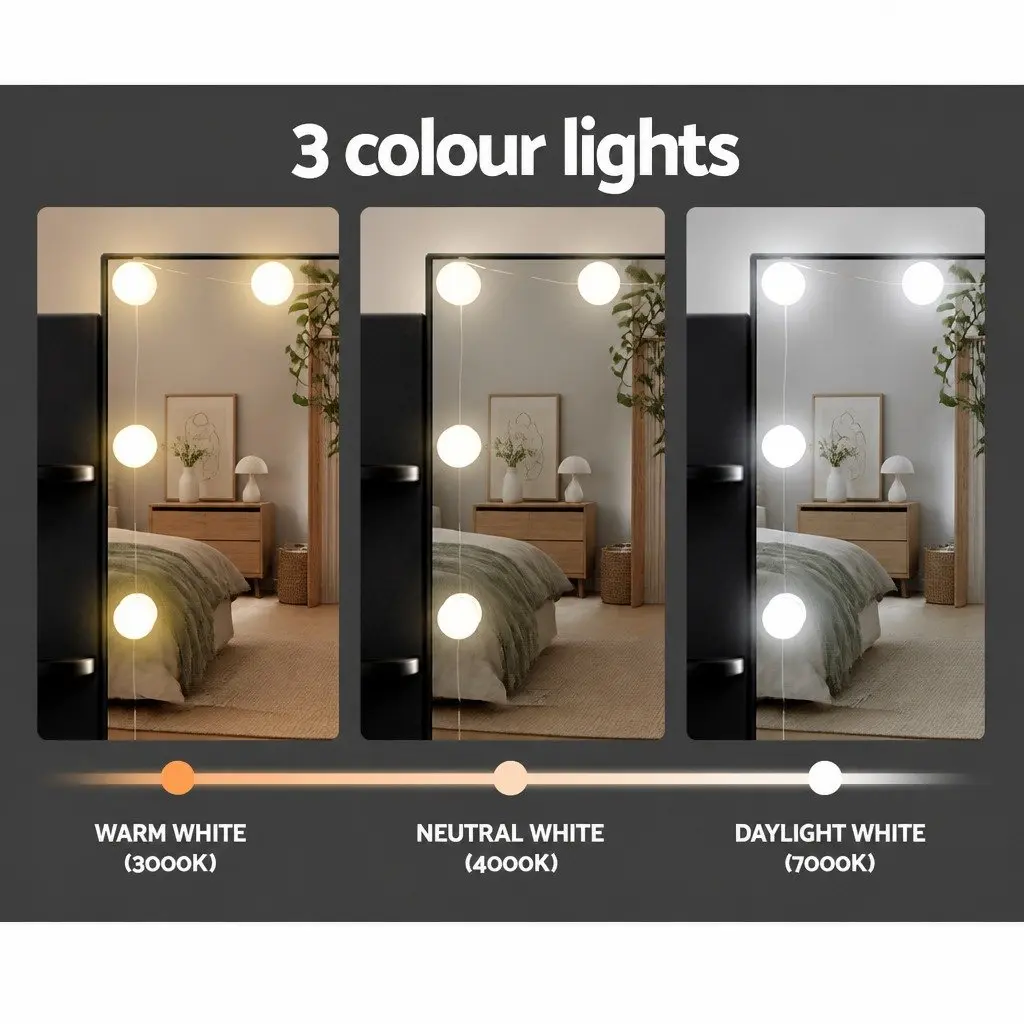 Dressing Table Set Hollywood Mirror with 10 LED Bulbs Black Makeup Vanity with Stool