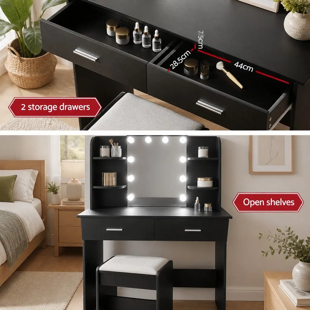 Dressing Table Set Hollywood Mirror with 10 LED Bulbs Black Makeup Vanity with Stool
