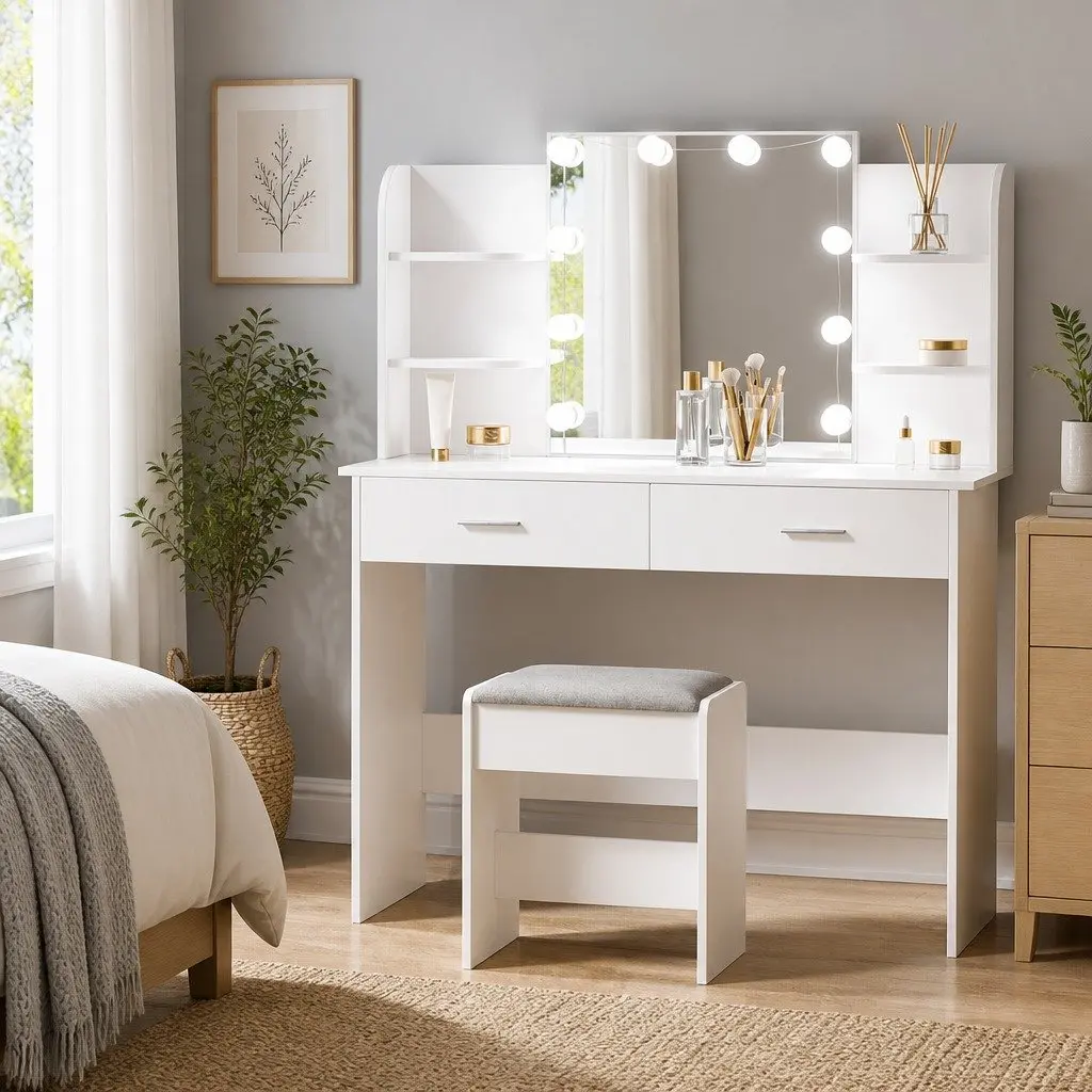 Dressing Table Set LED Mirror White Makeup Vanity Desk with Stool
