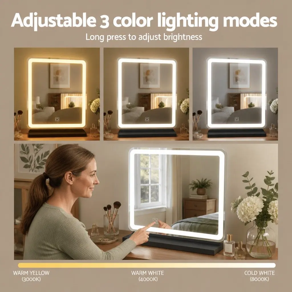 Dressing Table Vanity Desk with LED Lights and Stool Black 80cm W x 36cm D x 131cm H